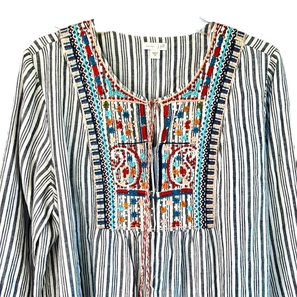 J.Jill Love Linen Boho Striped Embroidered Peasant Top with Tassels 3/4 Sleeve M - Picture 4 of 16